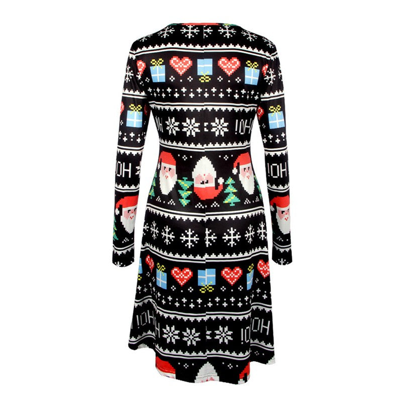 Christmas Snowman Fashion Long Sleeve Printed Santa Claus Dresses in 7 Styles