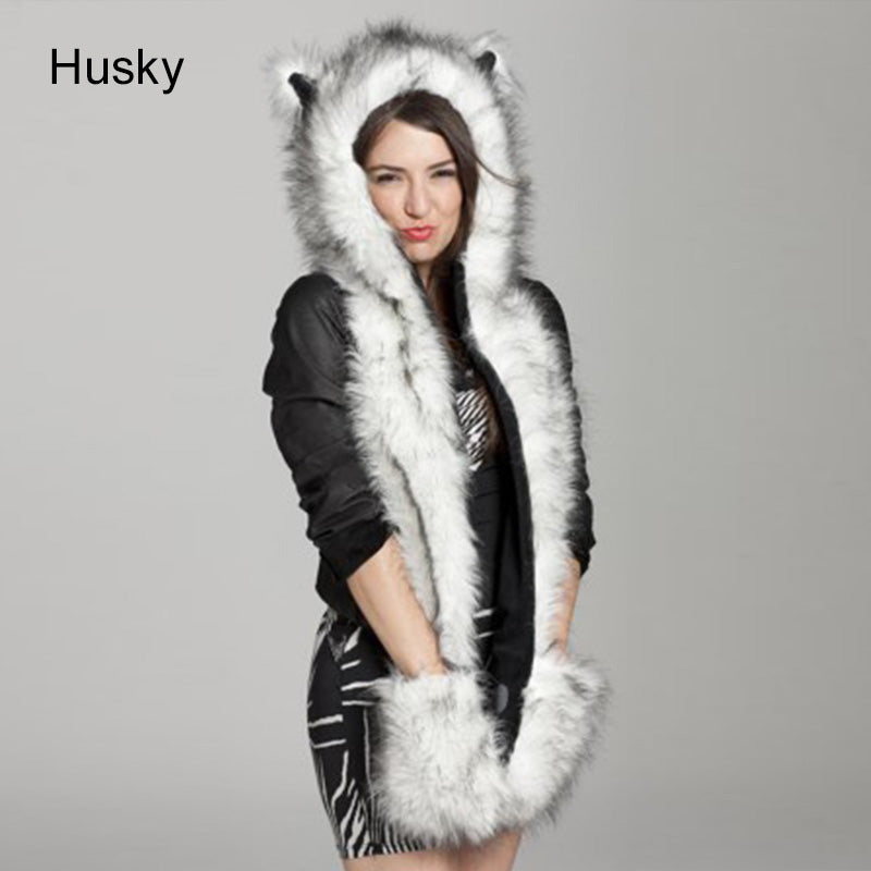 Faux Fur Hood Hat Ear Flaps Gloves 3in1 Plush Scarves