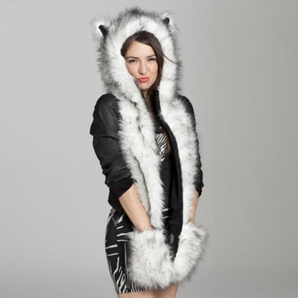 Faux Fur Hood Hat Ear Flaps Gloves 3in1 Plush Scarves