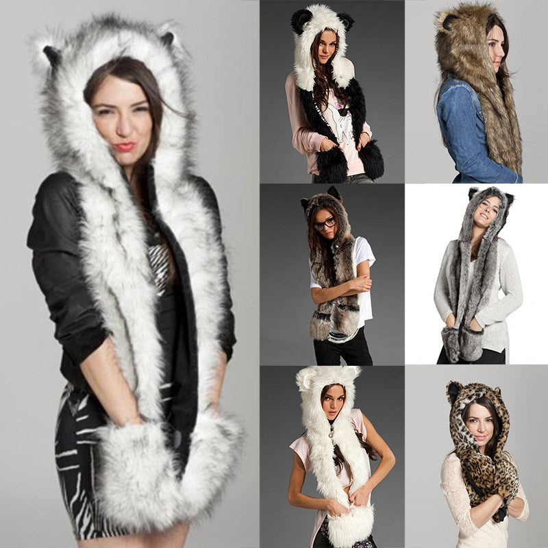 Faux Fur Hood Hat Ear Flaps Gloves 3in1 Plush Scarves