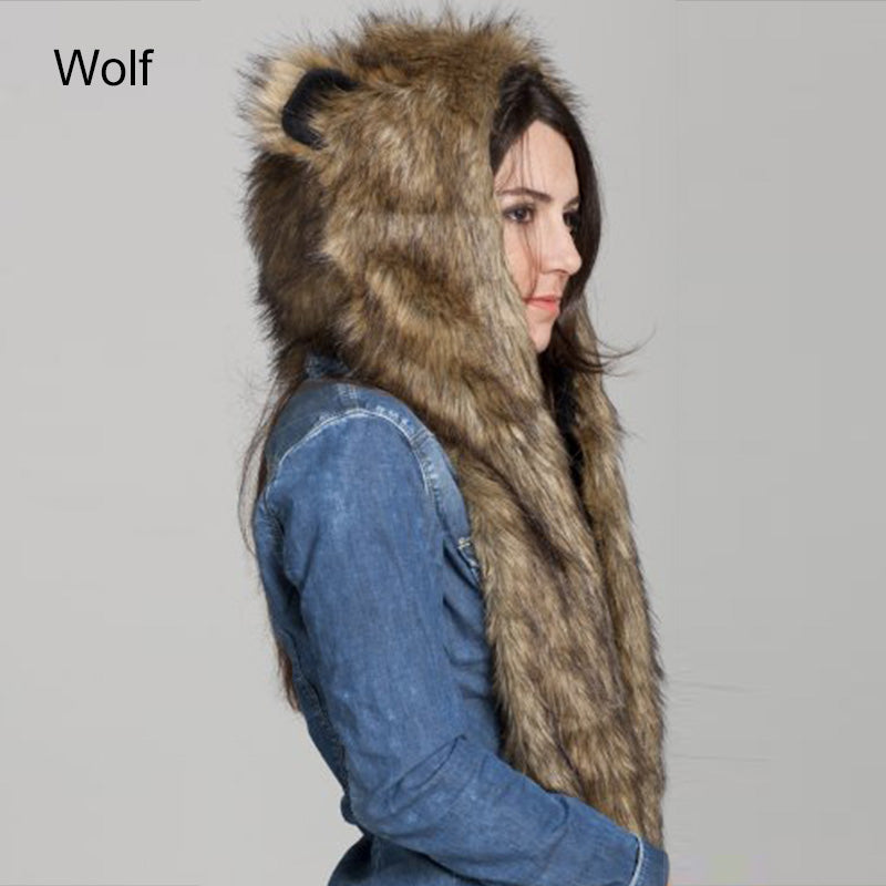 Faux Fur Hood Hat Ear Flaps Gloves 3in1 Plush Scarves