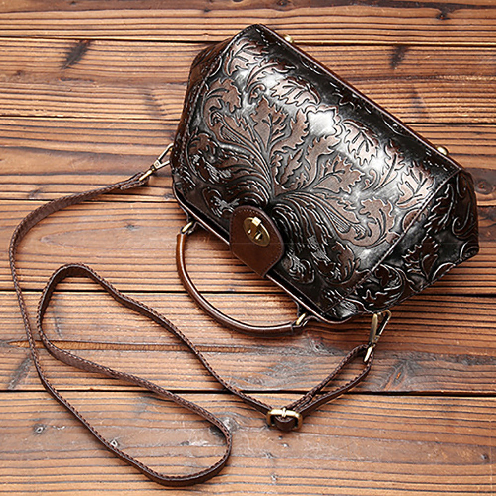 Genuine Leather Vintage Embossed Pattern Designer Handbag bws