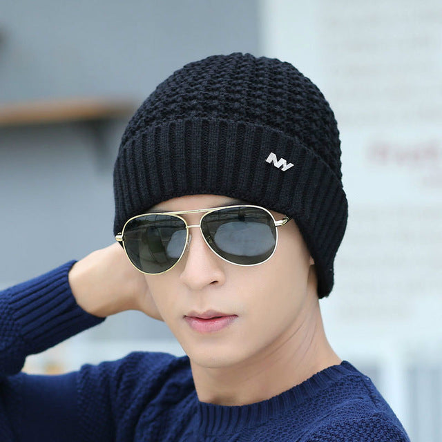 Winter Beanie Skullies Hats For Men & Ring Winter Neck Scarves For Men Solid Fur Wool Lining Thick Warm Set