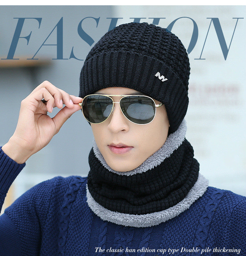 Winter Beanie Skullies Hats For Men & Ring Winter Neck Scarves For Men Solid Fur Wool Lining Thick Warm Set