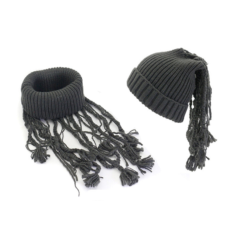 Funny Winter Knitted Cap With Wig Hip Hop Dual Use Unisex Hats
