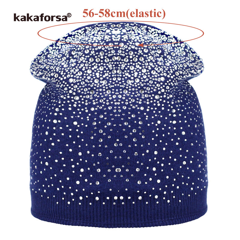 Female Fashion Solid Skullies Winter Knitted Wool Hats For Women With Rhinestones