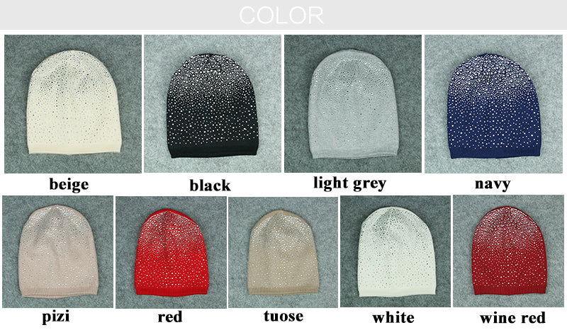 Female Fashion Solid Skullies Winter Knitted Wool Hats For Women With Rhinestones