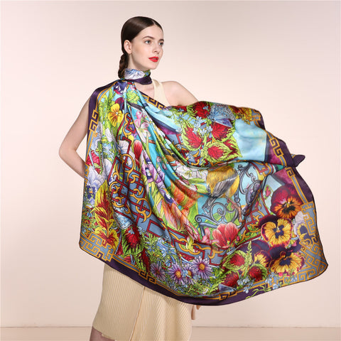 100% Silk Floral Infinity Square Shawl Elegant Scarves