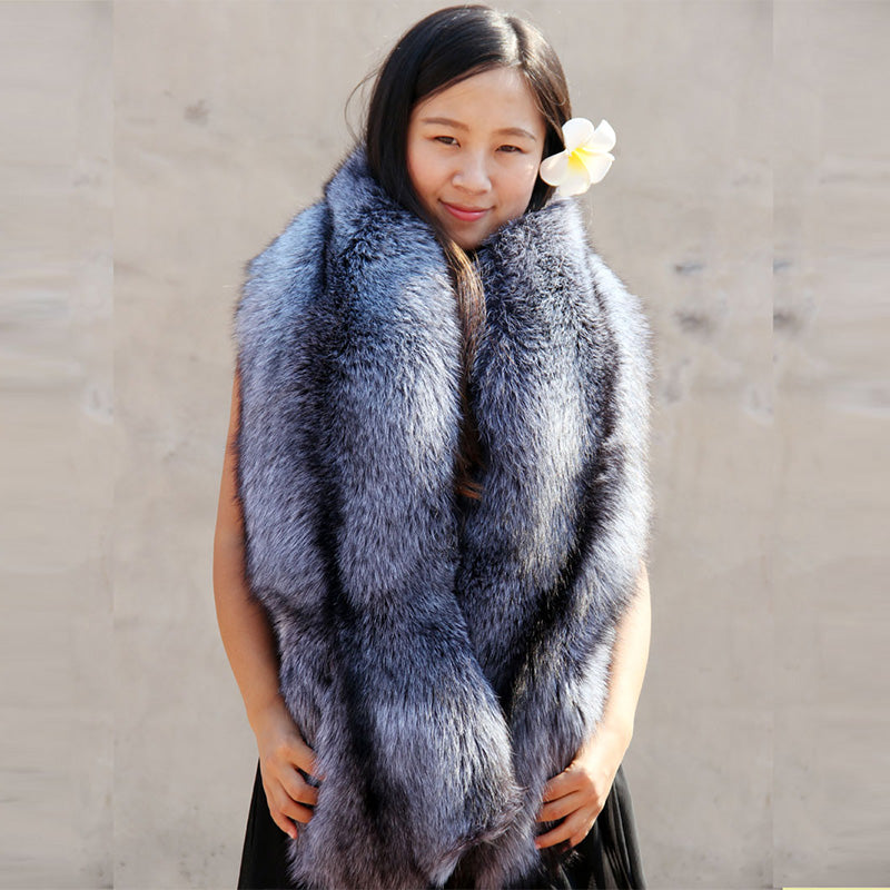 Genuine Scarf Real Natural Silver Fox Fur Super Luxury 140 cm Long Scarves