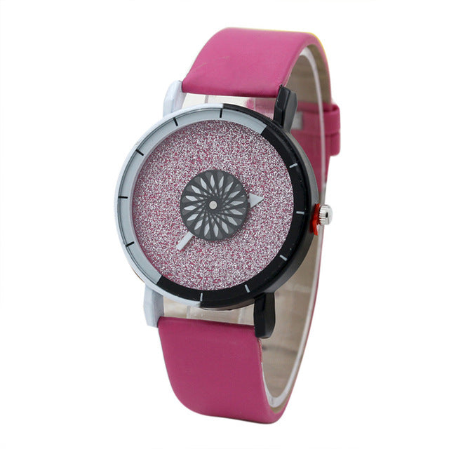 Shining Turntable Leather Band Female Wrist Watch ww-b