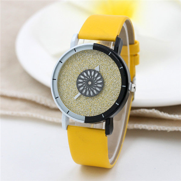 Shining Turntable Leather Band Female Wrist Watch ww-b