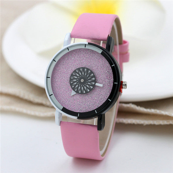 Shining Turntable Leather Band Female Wrist Watch ww-b