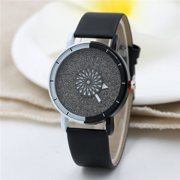 Shining Turntable Leather Band Female Wrist Watch ww-b