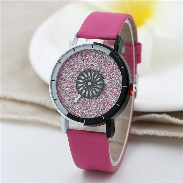 Shining Turntable Leather Band Female Wrist Watch ww-b