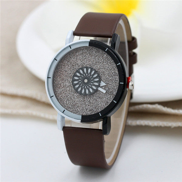 Shining Turntable Leather Band Female Wrist Watch ww-b