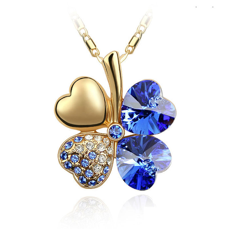 Crystal Four Leaves Clover Heart Rhinestones Necklace And Pendant