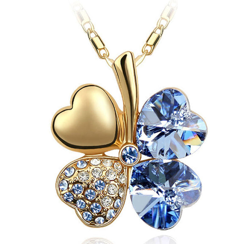 Crystal Four Leaves Clover Heart Rhinestones Necklace And Pendant