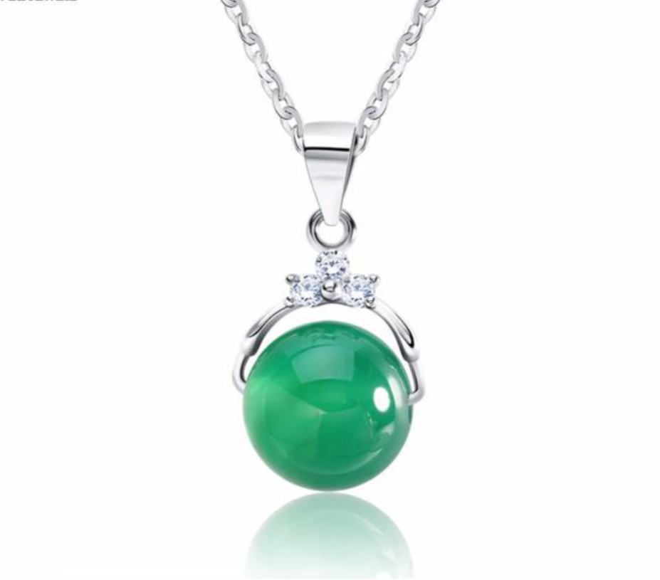 Green Agate Pendant Necklaces with Shiny Austrian Crystal & Silver for Women