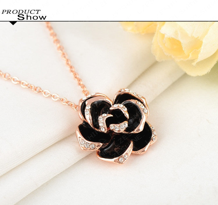Black Enamel Rose Flower Pendant Necklace