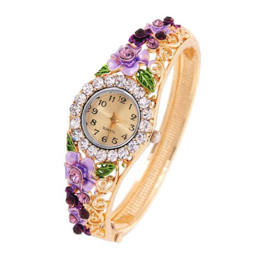 Vintage Quartz Watches for Women With Gold Plated Flower Design Bracelet ww-b