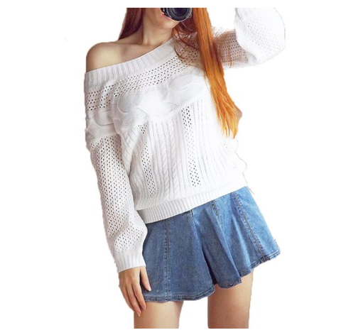 Off The Shoulder Knitted Hollow Out Sweater For Women