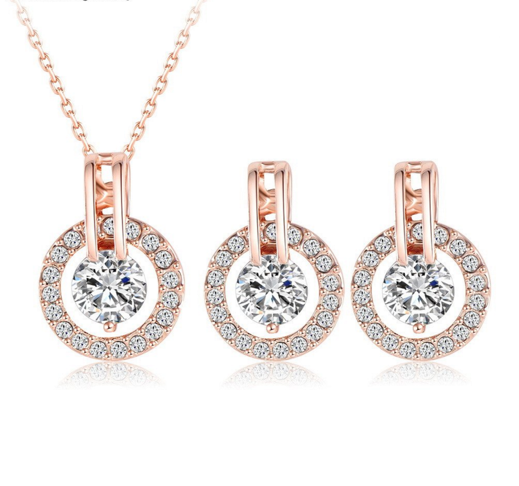 Diamond Cut Rose Gold Plated Necklaces And Earrings Jewelry Sets