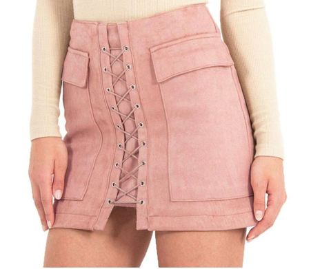 High Waist External Pocket Tight Suede Lace Up Mini Skirts