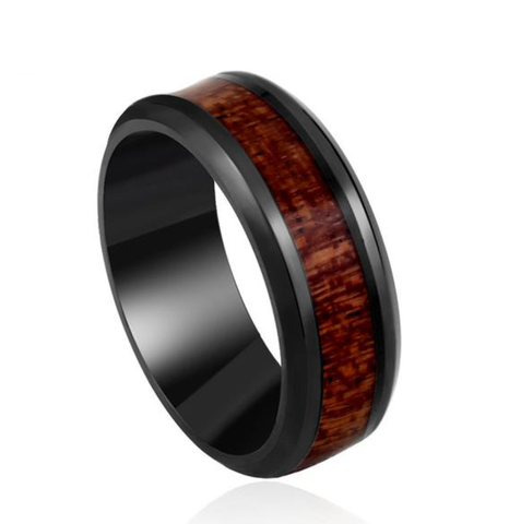 Steel-Black Dark Red Wood Inlay Inside Unique Fashion Ring For Men mj-