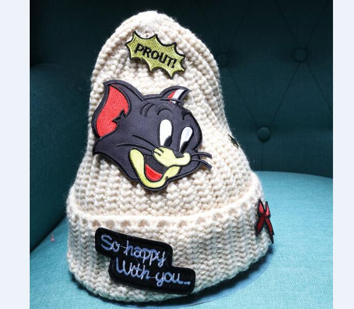 Knitted Tom and Jerry Cartoon Mouse Patch Women Hats