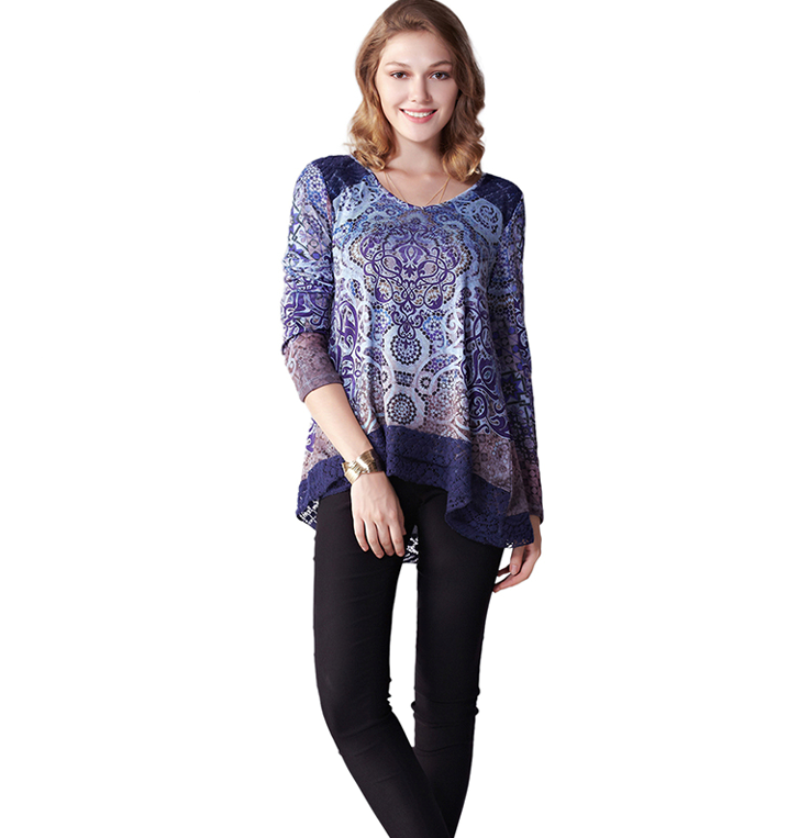 Casual Style Printing Lace Long Sleeved Shirt Tops For Women