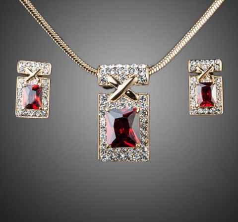 Gold Plated Dark Red Cubic Zirconia Earrings & Necklaces Quality Jewelry Sets