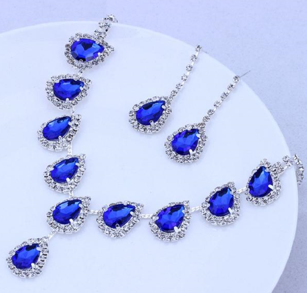Blue Crystal Wedding Bridal Necklaces Earrings Jewelry Sets
